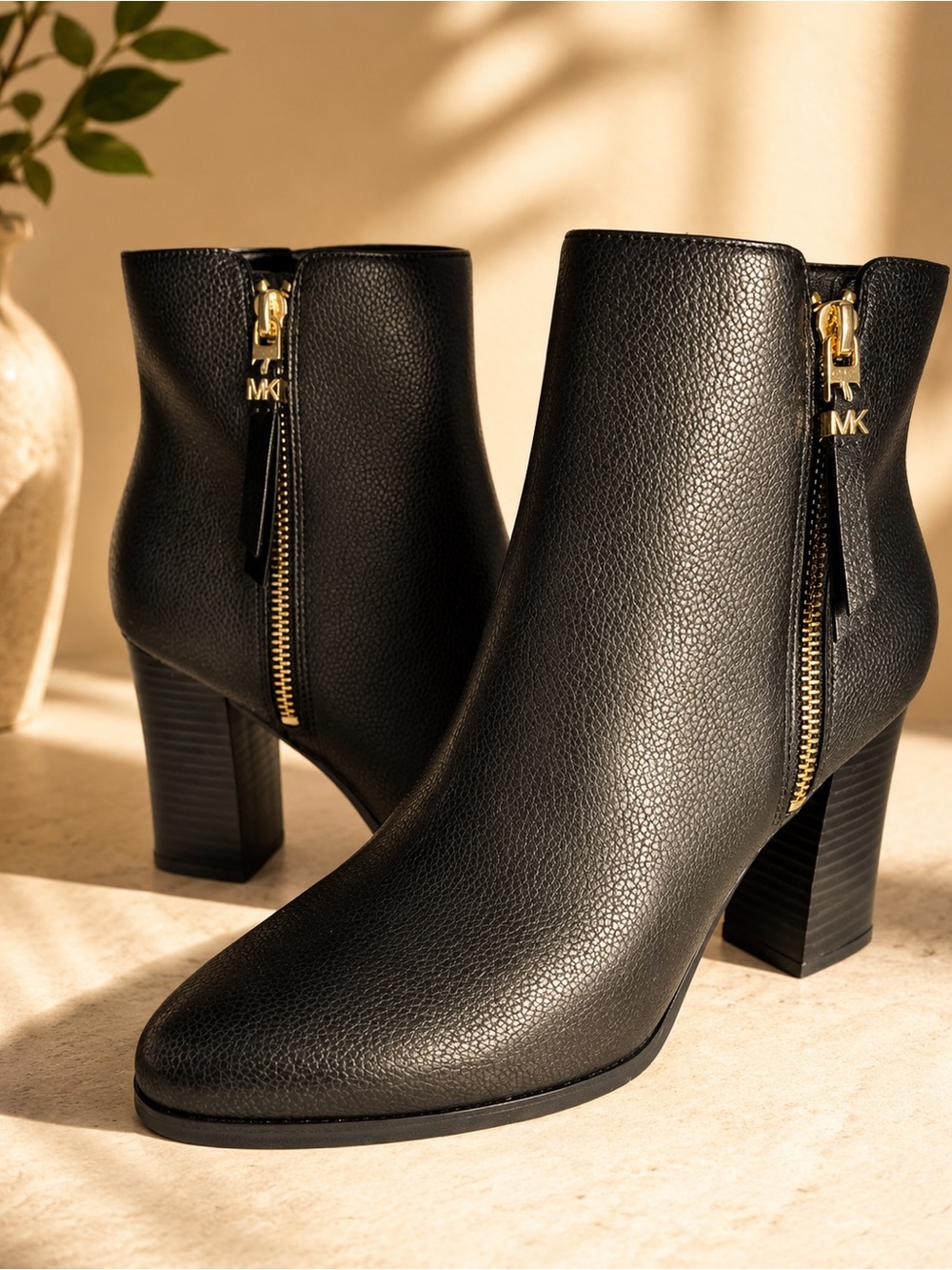 Michael Kors Black Pebbled Leather Ankle Boots with Gold Zippers